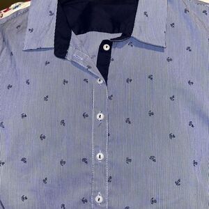 Dalia Ladies Medium Blue Pinstripe Nautical Half Button Front 3/4 Sleeve Shirt